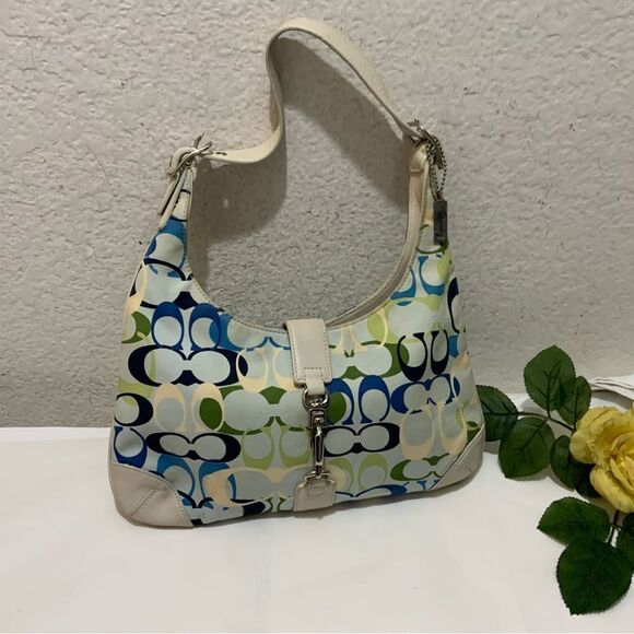 Authentic Coach Signature Leather Trim Cotton Blue Small Hobo Bag Purse RARE